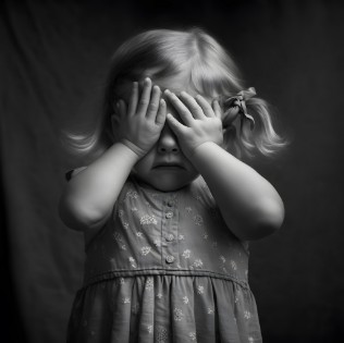 Prompt: 1930s girl child covering her eyes with her hand, photography, black and white, vintage, 8k, light grain —uplight