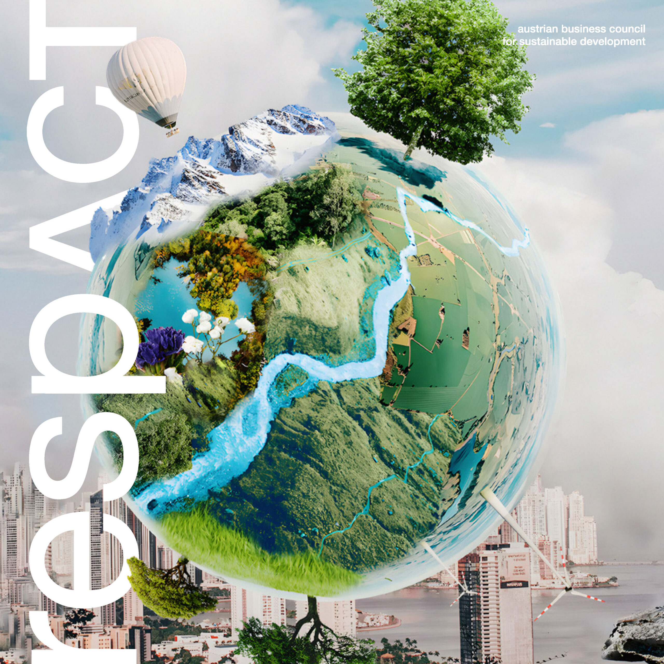 Cover der respACT-Broschüre mit einer grafischen Collage einer Weltkugel vor einer Skyline