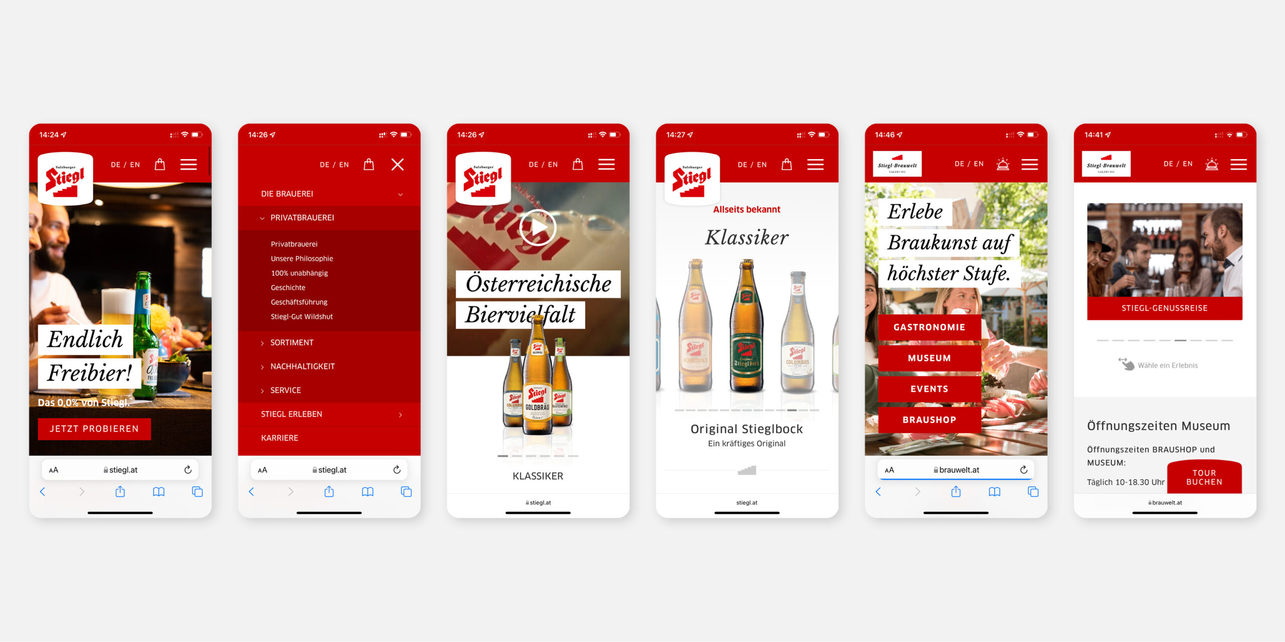 Diverse Screenshots von der mobilen Website von Stiegl.at und Brauwelt.at