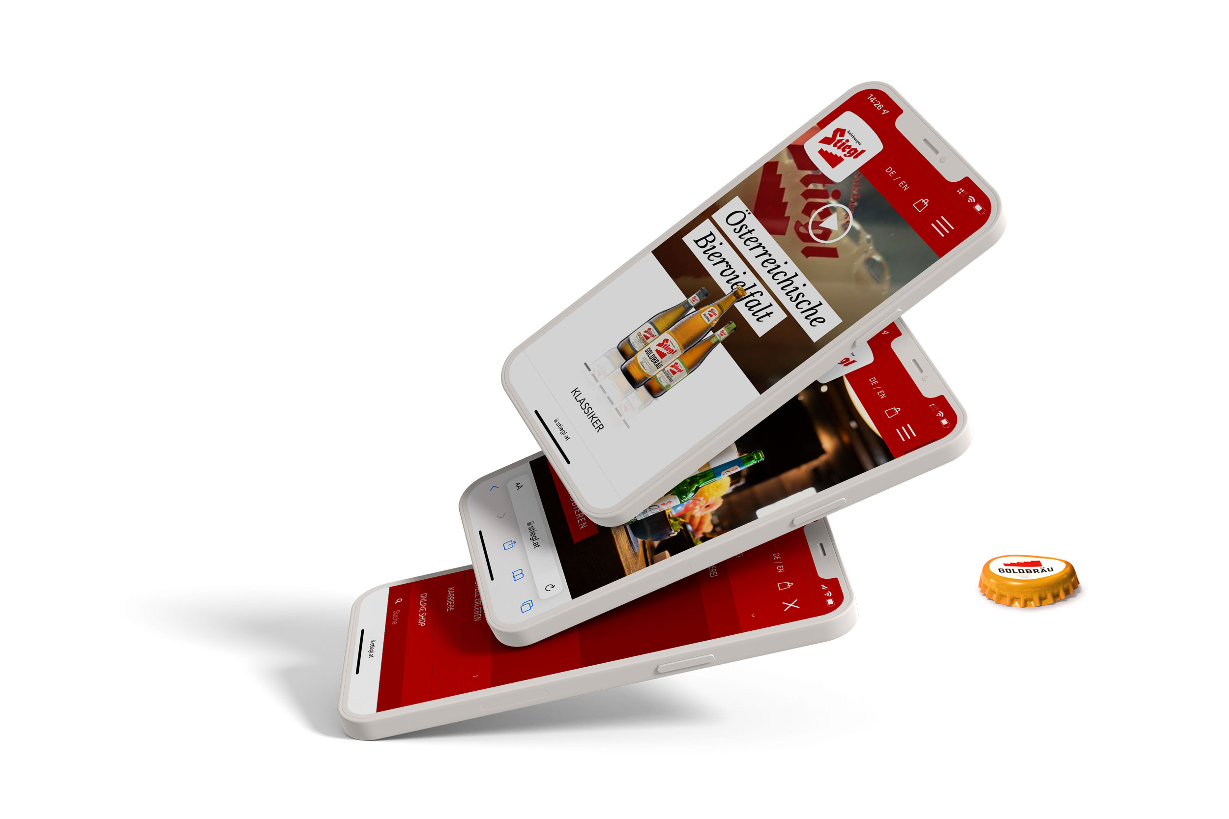 Computergrafik vom User Interface Design der Stiegl Website auf mobilen Geräten.