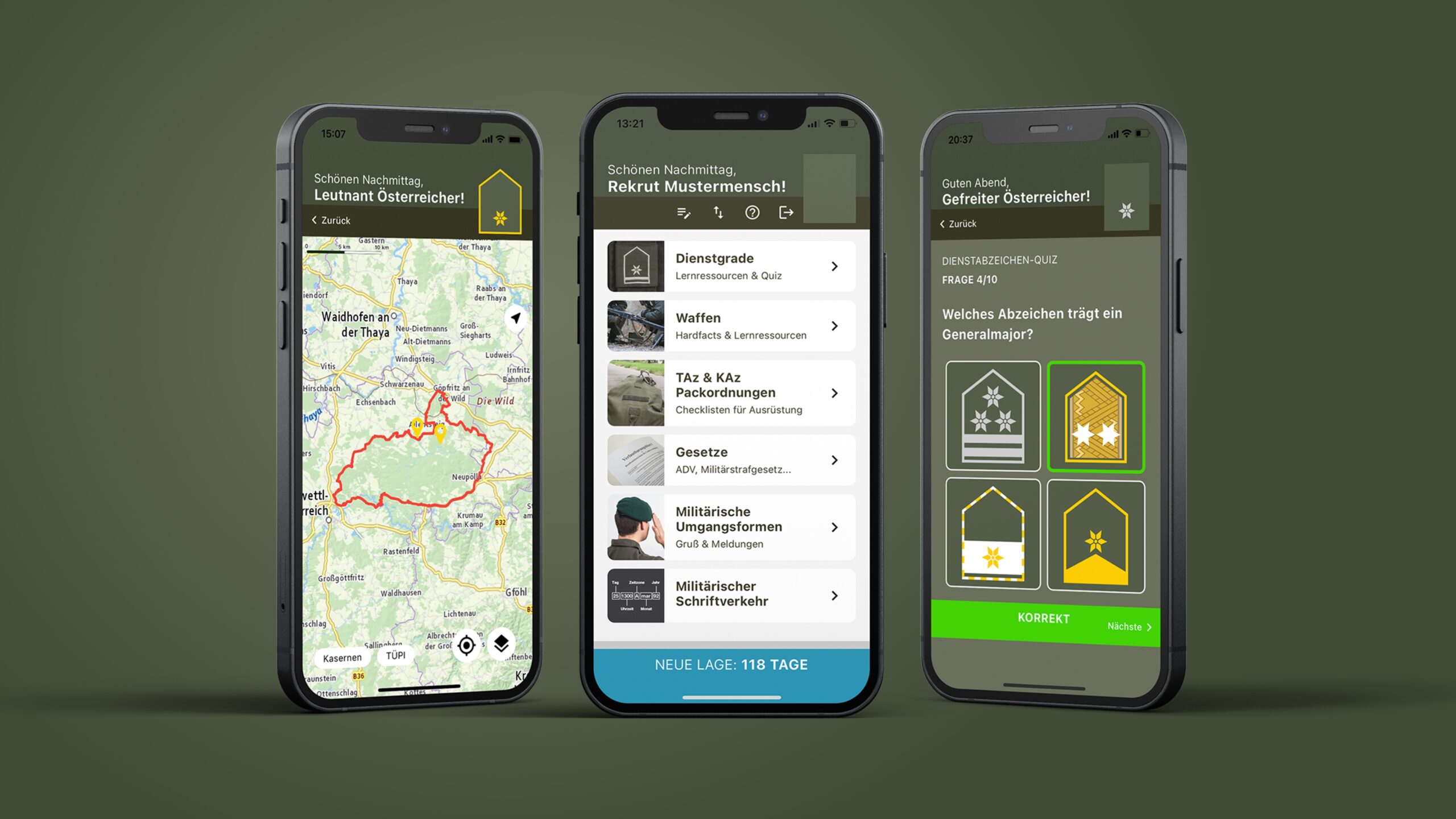 Kartenfunktion, Übersicht und Dienstgradequiz auf Iphones