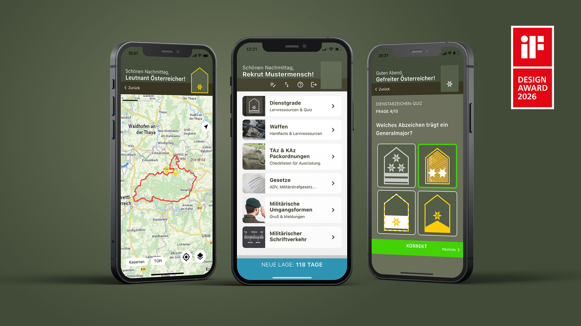 Kartenfunktion, Übersicht und Dienstgradequiz auf Iphones