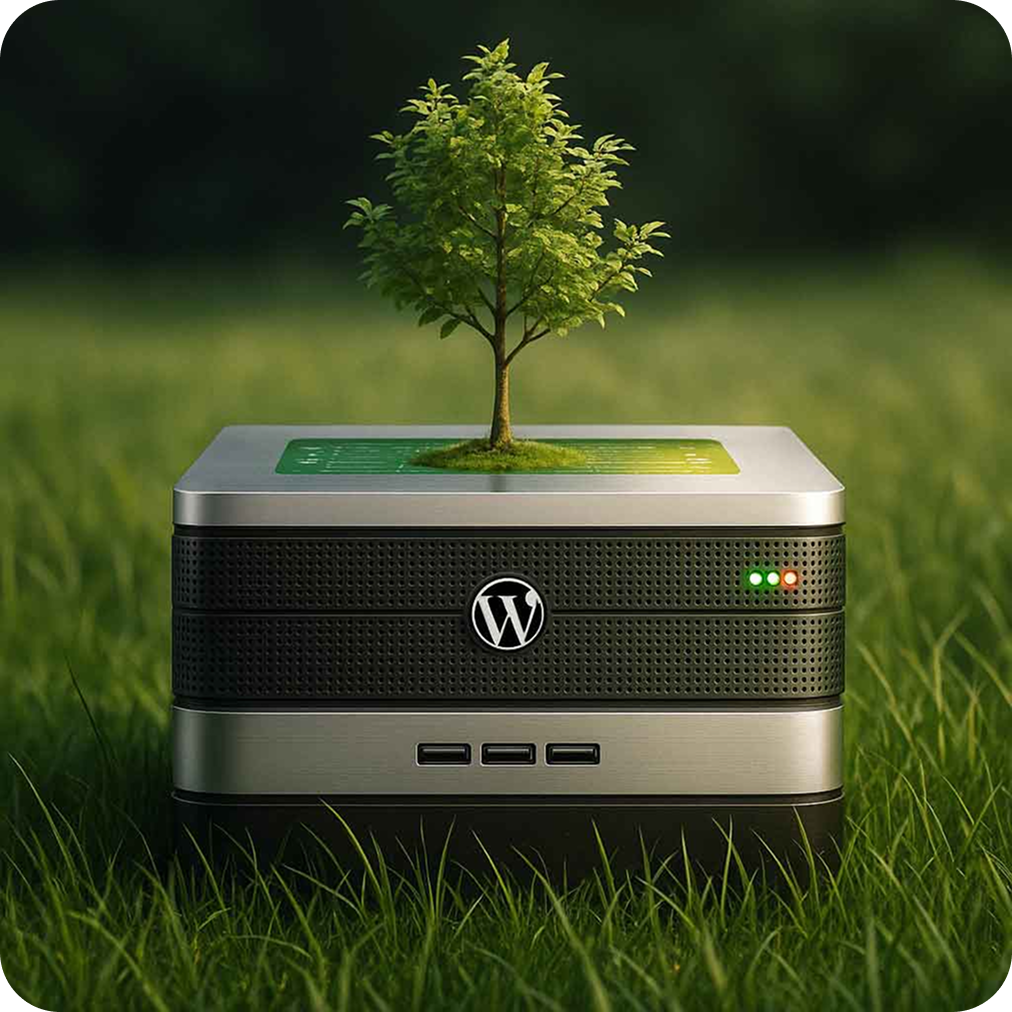 Ein fantasievolles Bild eines WordPress-Servers auf der grünen Wiese, aus dem ein Bäumchen herauswächst