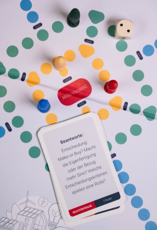 Nahaufnahme des IOEB-Brettspiels mit Spielfiguren, Karten und einem Würfel