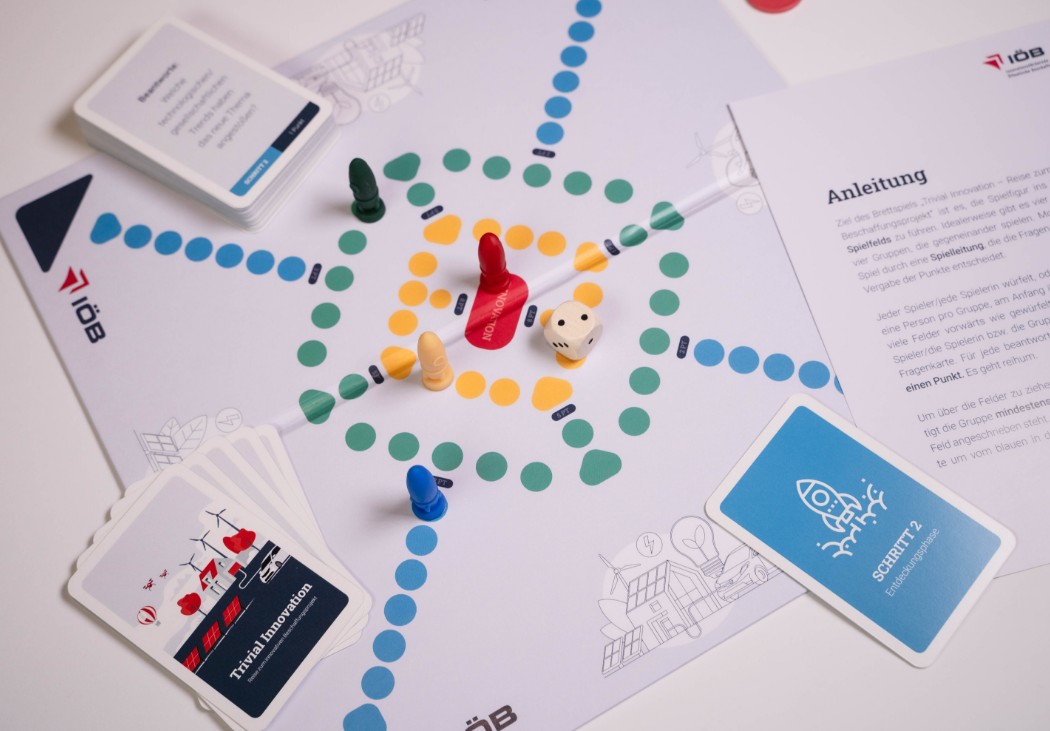 Nahaufnahme des IOEB-Brettspiels mit Spielfiguren, Karten, einem Würfel und der Anleitung