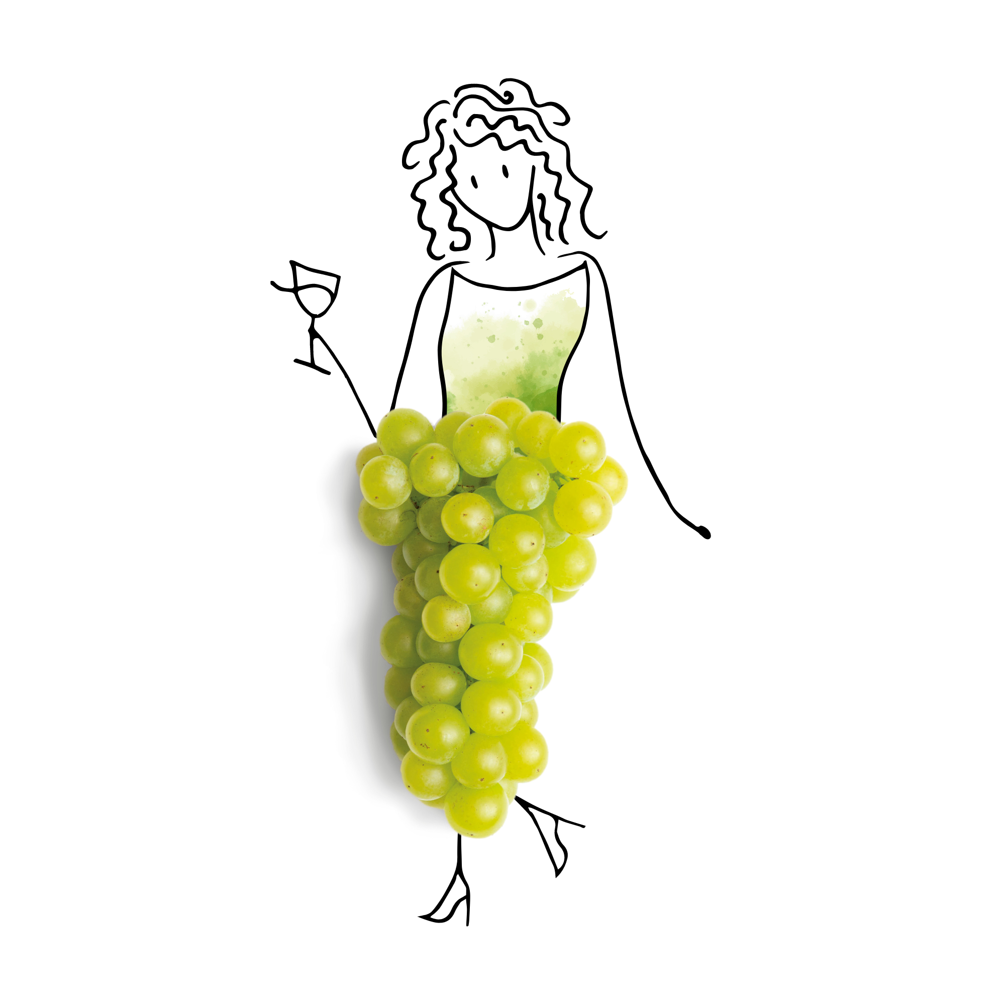 Illustration einer Frau mit Weinglas in der Hand und einem Rock, der aus Weintrauben besteht.