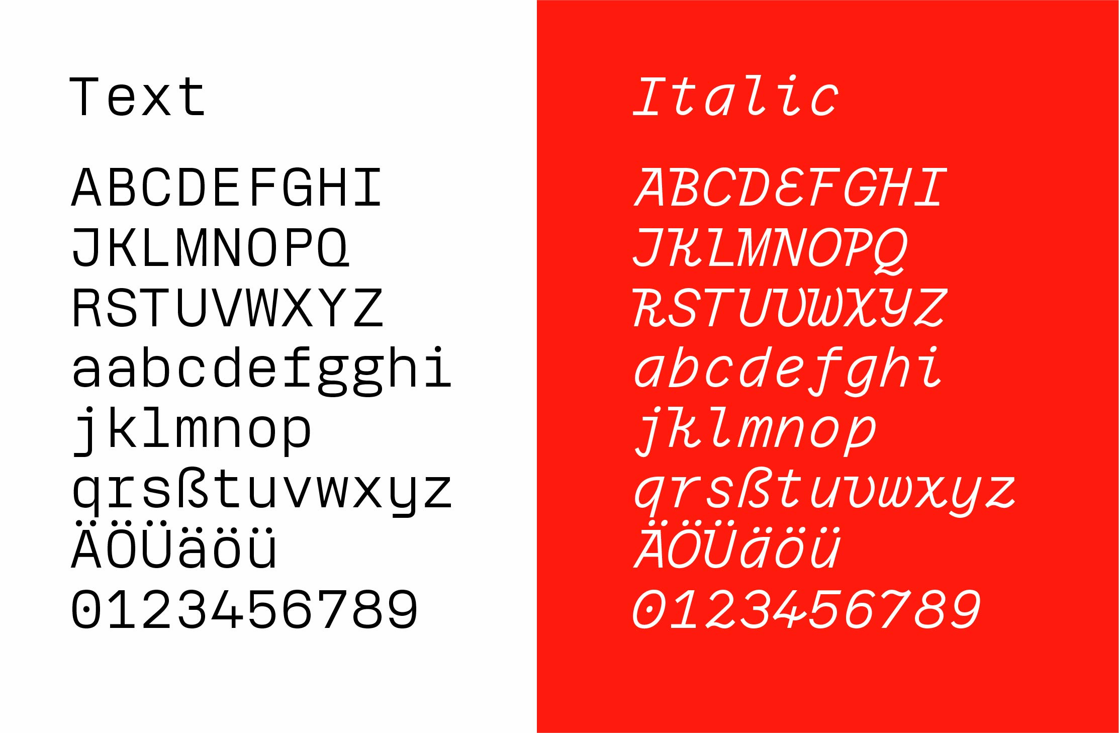 Charset der Schriftart Ramono auf weißem und rotem Hintergrund